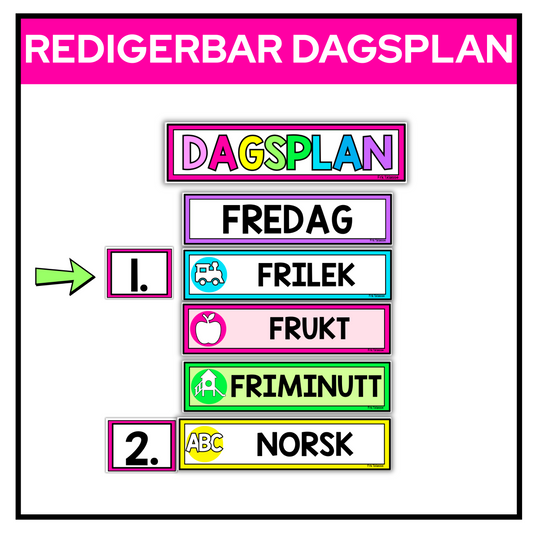 Dagsplan til å henge opp på tavle/vegg | Redigerbar | REGNBUE M/ROSA