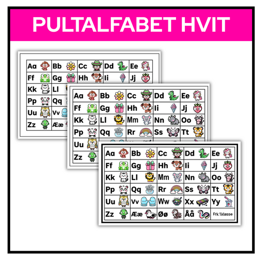 Pultalfabet i hvit med illustrasjoner – store og små bokstaver til bruk på pulten.