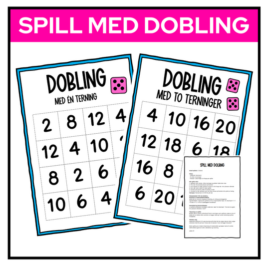 Spillbrett med tall og fargede klosser for doblingsspill med to spillere. Instruksjonsark.