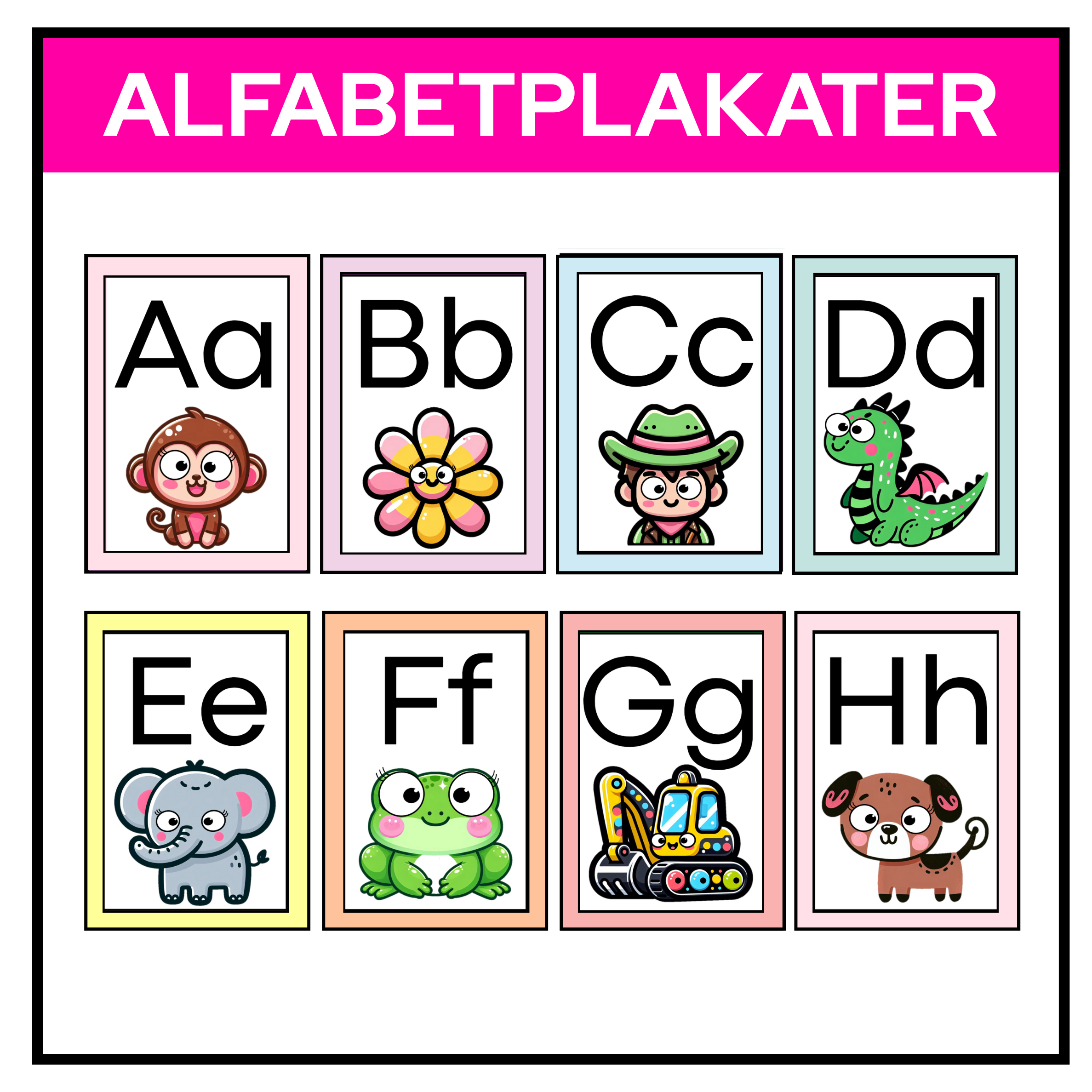 Alfabetplakater med pastellramme. A-H