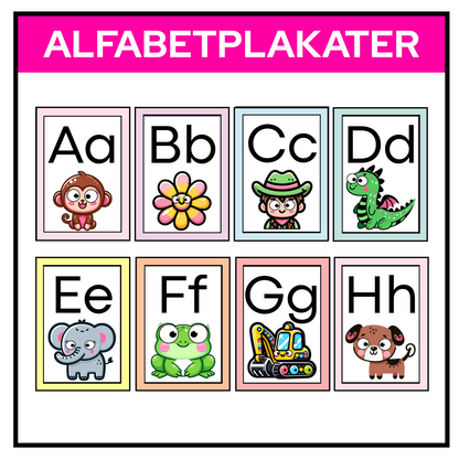 Alfabetplakater med pastellramme. A-H
