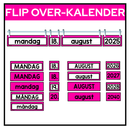 Flip over-kalender med dag, dato, måned og år | ROSA | REGNBUETEMA M/ROSA | Bokmål og nynorsk