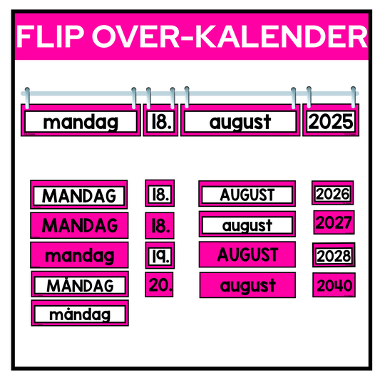 Flip over-kalender med dag, dato, måned og år | ROSA | REGNBUETEMA M/ROSA | Bokmål og nynorsk