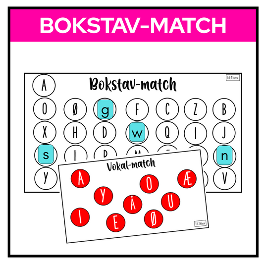 Et ark med alfabetet i sirkler og fargemarkerte vokaler, der elevene matcher små og store bokstaver ved hjelp av bokstavkort.
