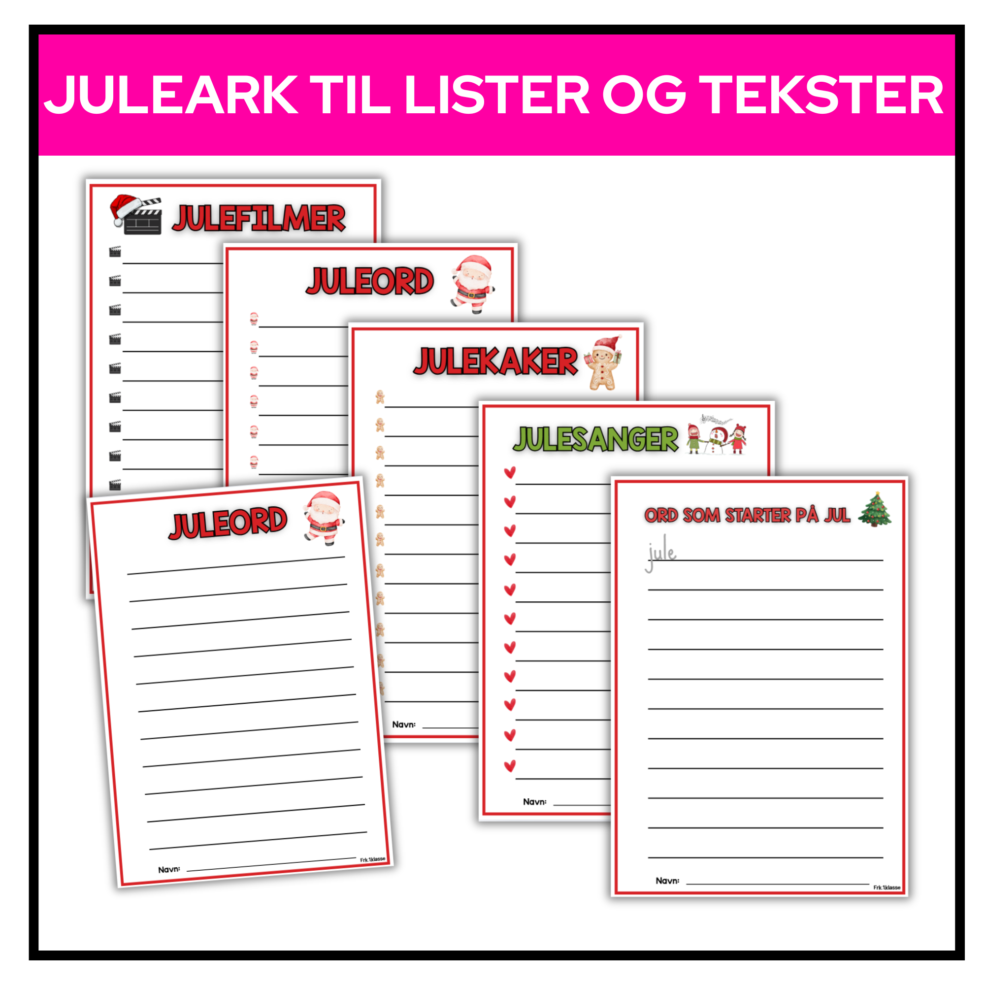Juleark | 5 temaer | Perfekt for lister og tekster