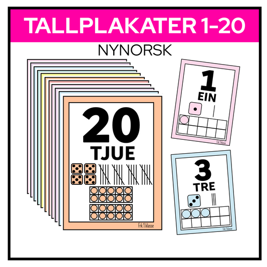 Pastellfarga tallplakat vist som siffer og tall, ord, terningar, strekar og rutenett. Nynorsk versjon.