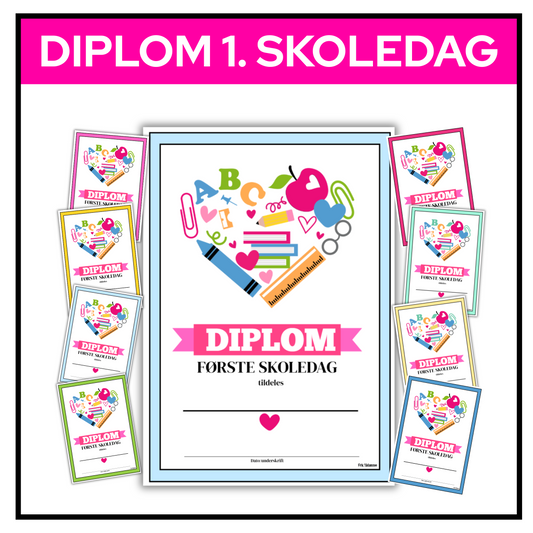 Diplom for første skoledag i 1. klasse med ulike design