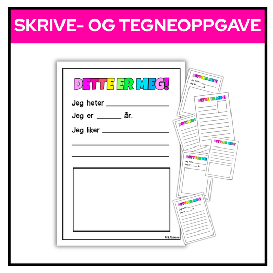 Skrive- og tegneoppgave med seks ulike maler der elevene kan skrive om seg selv og tegne et bilde.