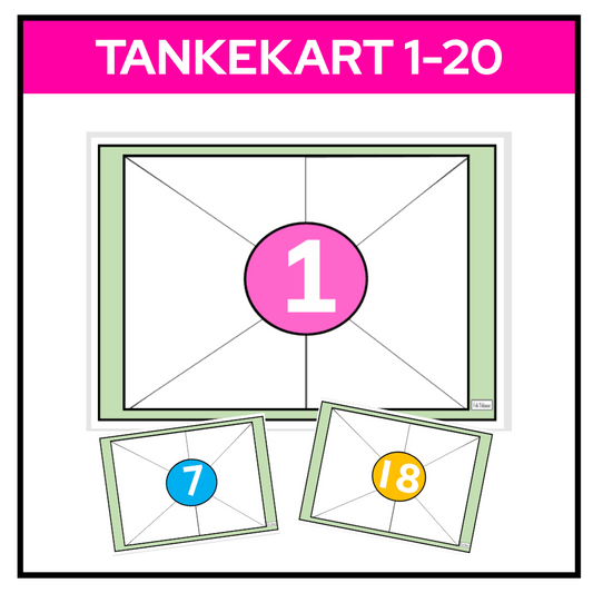 Tankekart med tall i midten og seks tilknyttede felter rundt, der elever kan skrive, tegne eller regne rundt tallene fra 1 til 20.
