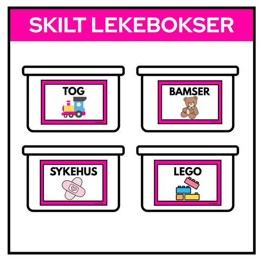 Skilt til bokser | LEKER | REDIGERBAR | REGNBUE MED ROSA