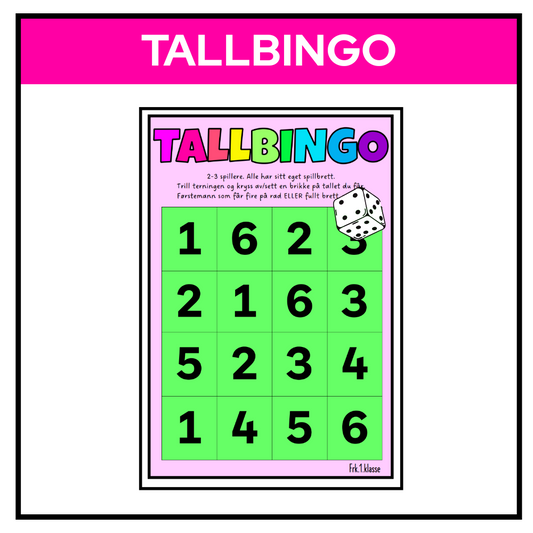 Tallbingo spillbrett med tall 1 til 6, terningkast og brikker. Spill for 2–3 personer hvor målet er å få fire på rad eller fullt brett.

