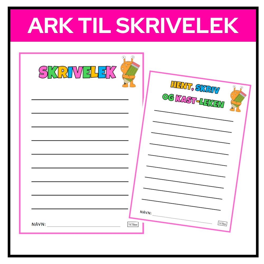 Linjerte ark til skrivelek. Eksempelark med linjer for skriving og instruksjon for “Hent skriv- og kastleken”, der elevene kombinerer bevegelse og skrivetrening.