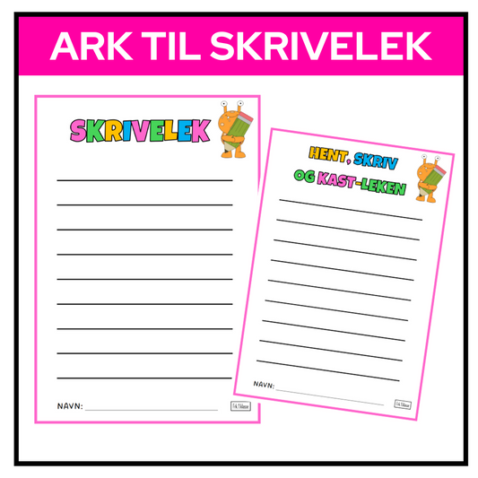 Linjerte ark til skrivelek. Eksempelark med linjer for skriving og instruksjon for “Hent skriv- og kastleken”, der elevene kombinerer bevegelse og skrivetrening.