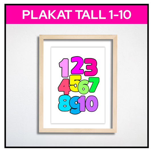 Tallplakat 1–10 i regnbuefarger innrammet
