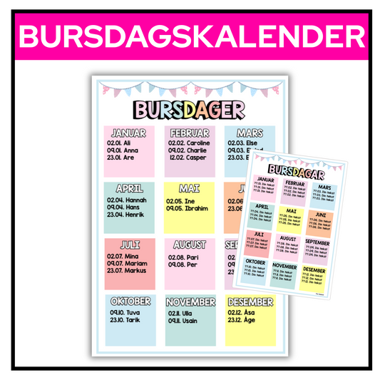Bursdagskalender | Redigerbar | PASTELL | BOKMÅL OG NYNORSK