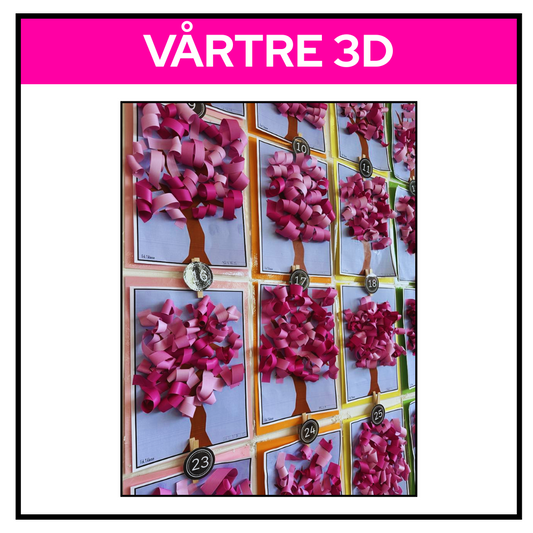 Oversiktsbilde av 3D vårtre-papirprosjekt. Rosa papirstrimler. Trestamme.