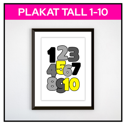 Tallplakat 1–10 i svart og gult, innrammet
