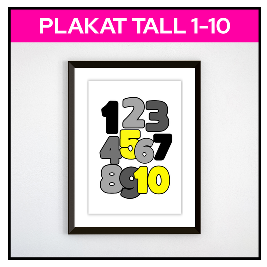 Tallplakat 1–10 i svart og gult, innrammet