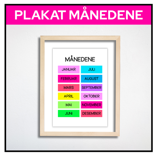 
Plakat med månedene i regnbuefargede bokser innrammet i bilderamme