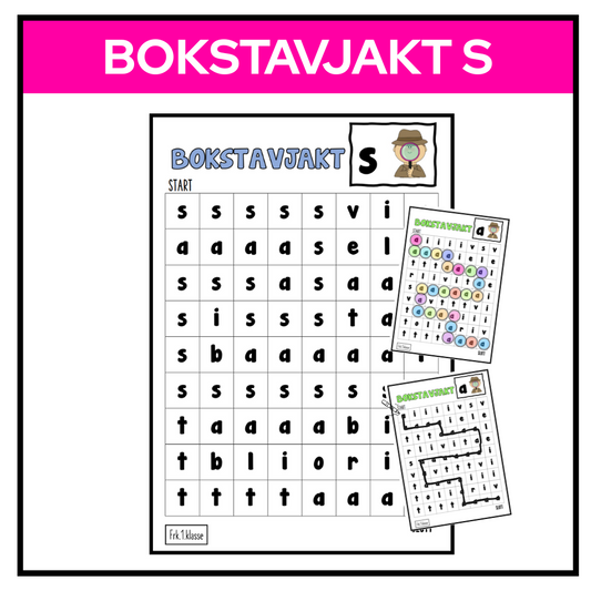 Oppgaveark med rutenett fylt med bokstaver – eleven skal finne og markere bokstaven S på ulike måter.