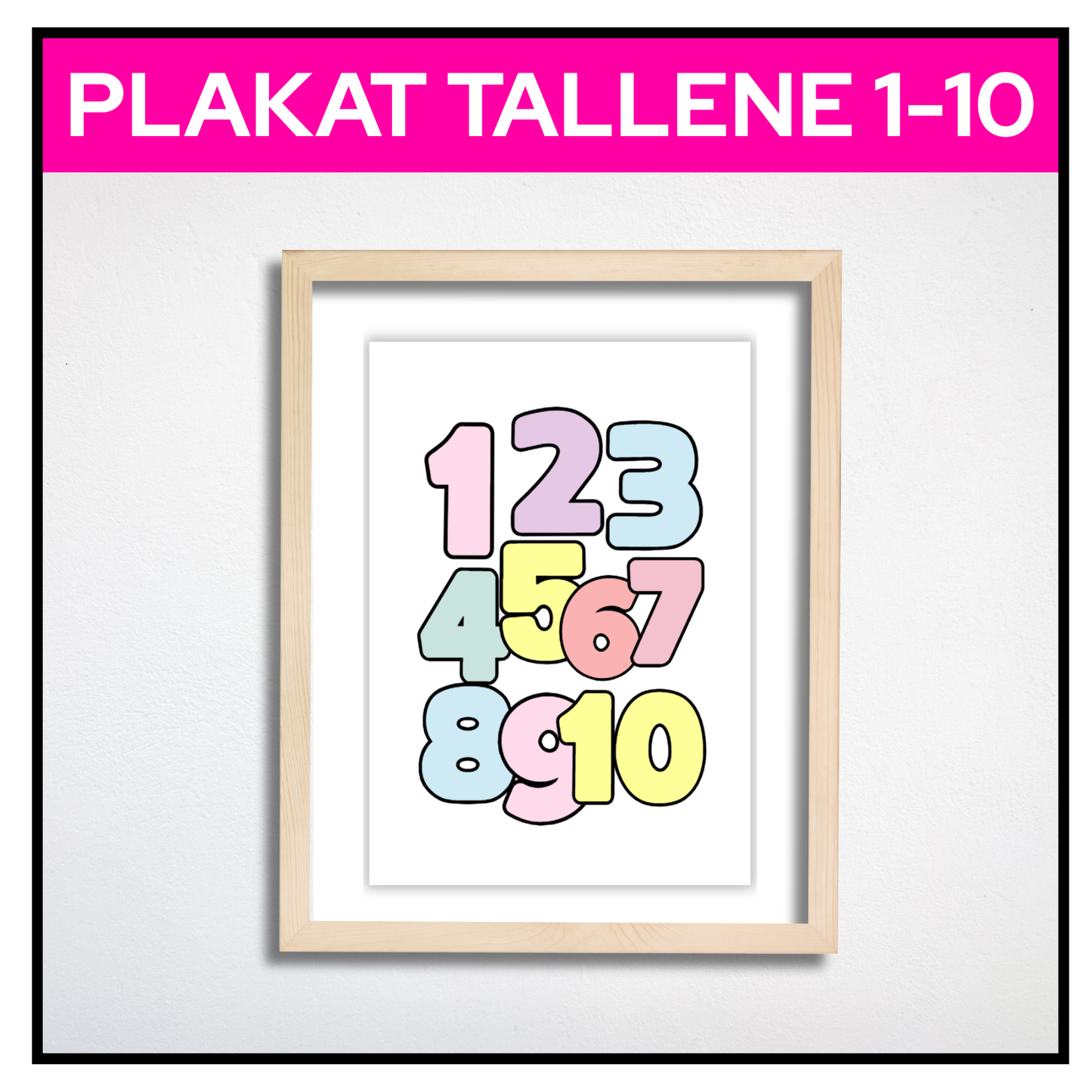 Tallplakat 1 til 10 A3 i pastellfarger uten kant, hengt opp på barnerom
