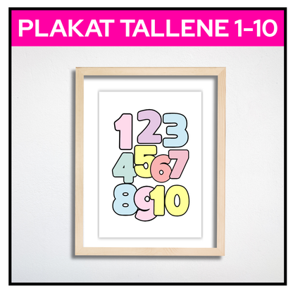 Tallplakat 1 til 10 A3 i pastellfarger uten kant, hengt opp på barnerom