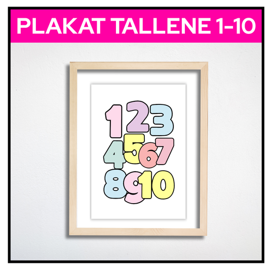 Tallplakat 1 til 10 A3 i pastellfarger uten kant, hengt opp på barnerom