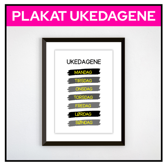 Ukedagene i malingsstrøk, svart og gult, innrammet