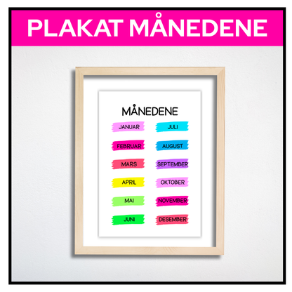 Plakat med månedene i regnbuefargede malingstrøk innrammet i bilderamme