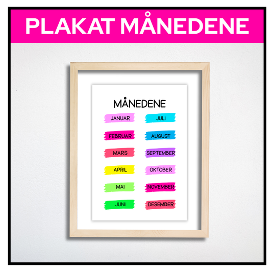 Plakat med månedene i regnbuefargede malingstrøk innrammet i bilderamme
