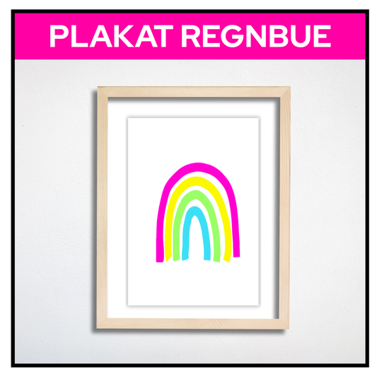 Plakat med utvalgte farger i regnbuen i blå, grønn, gul med innslag av rosa rosa. Innrammet