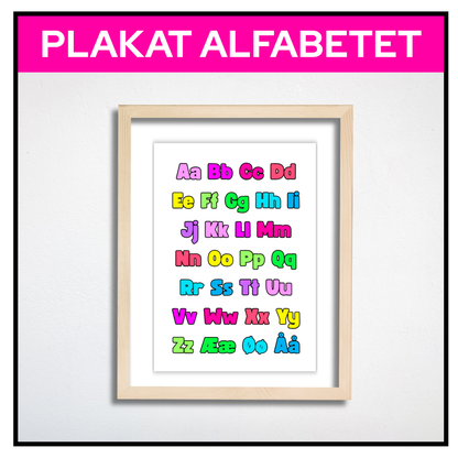 Alfabetplakat i regnbuefarger innrammet
