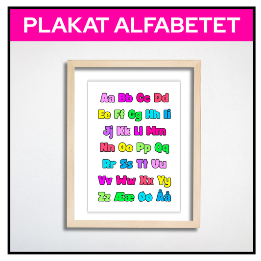 Alfabetplakat i regnbuefarger innrammet

