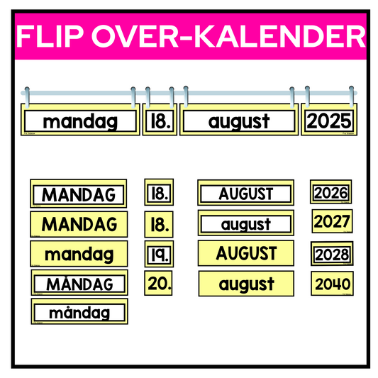Gul flip over-kalender. Dagene, dat, måned og år.