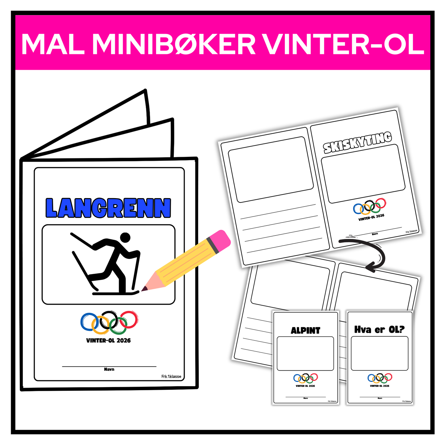 30 maler til minibøker om vinter-OL 2026  –  skriv ut og bruk!!