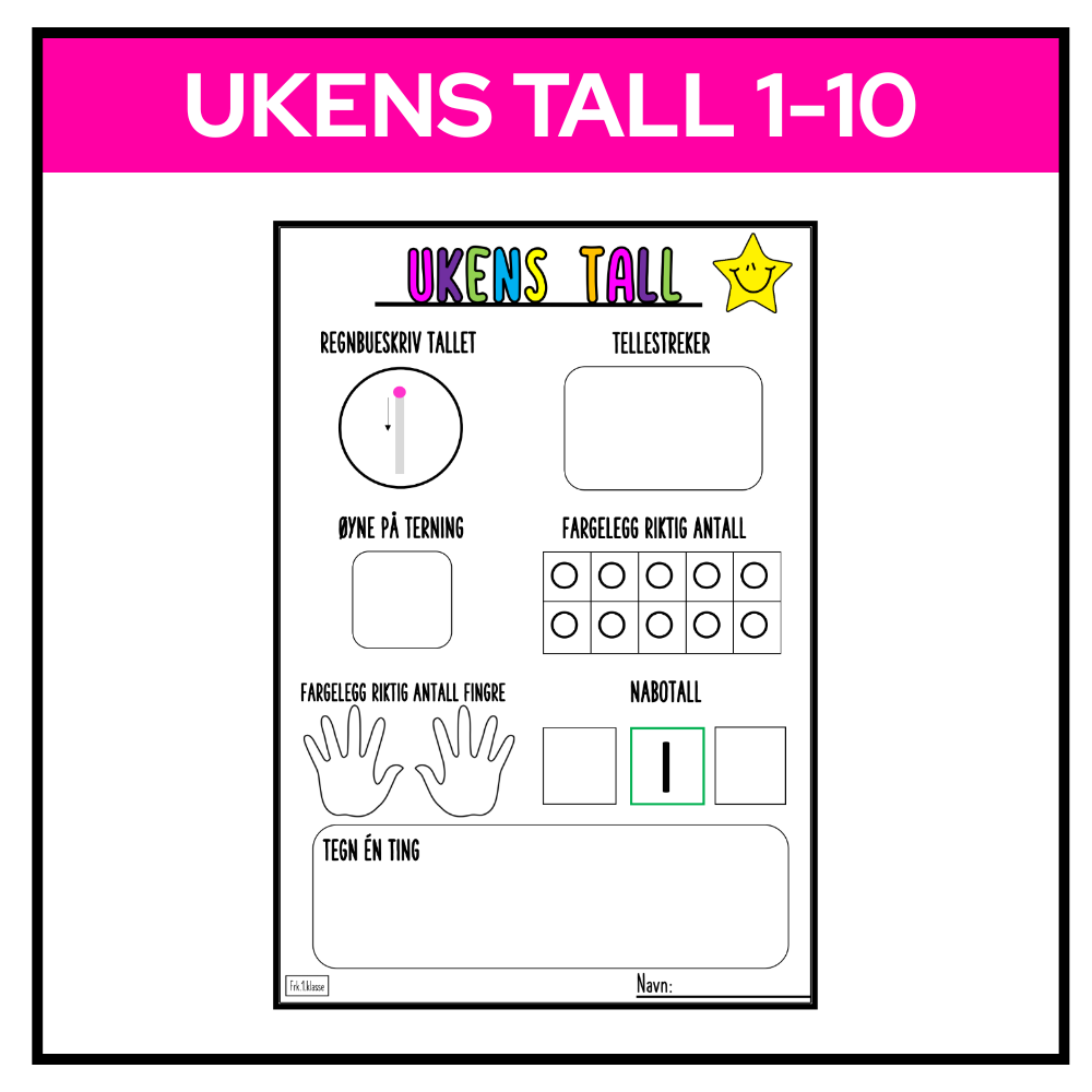 Arbeidsark med oppgaver om ukens tall 1–10, inkludert telling og tallskriving