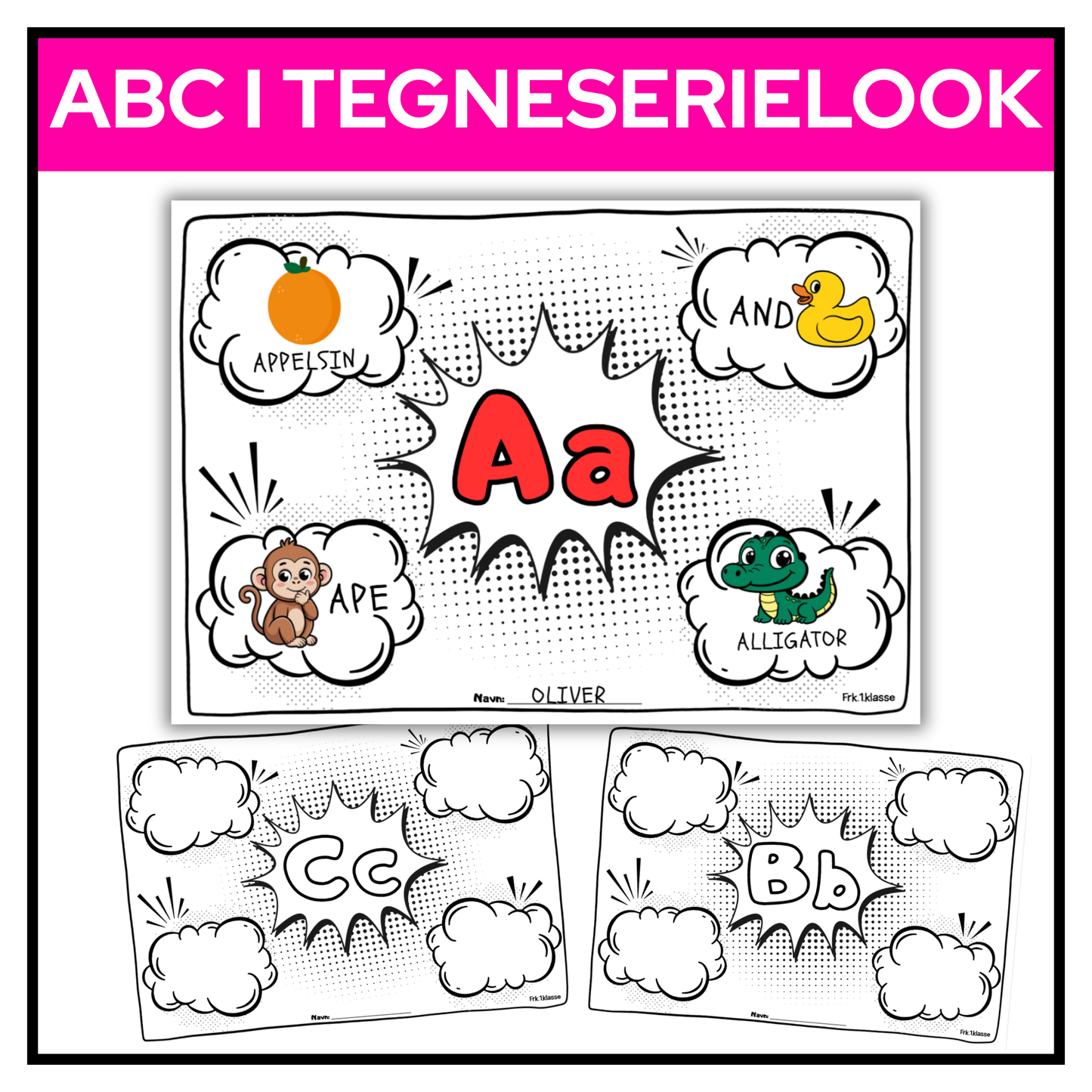 Bokstavark i tegneserie-look | Tegn og skriv | 29 ark