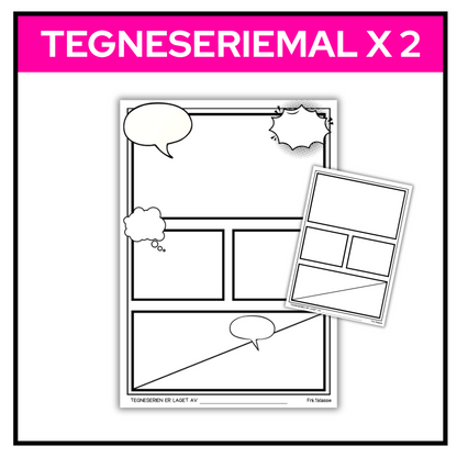 To tegneseriemaler, én med snakkebobler og én med tomme ruter for tegning og skriving.