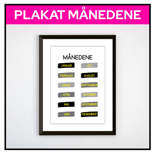 Månedene i malingsstrøk, svart, grått og gult, innrammet