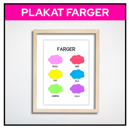 Plakat med fargede skyer og fargenavn i bilderamme.