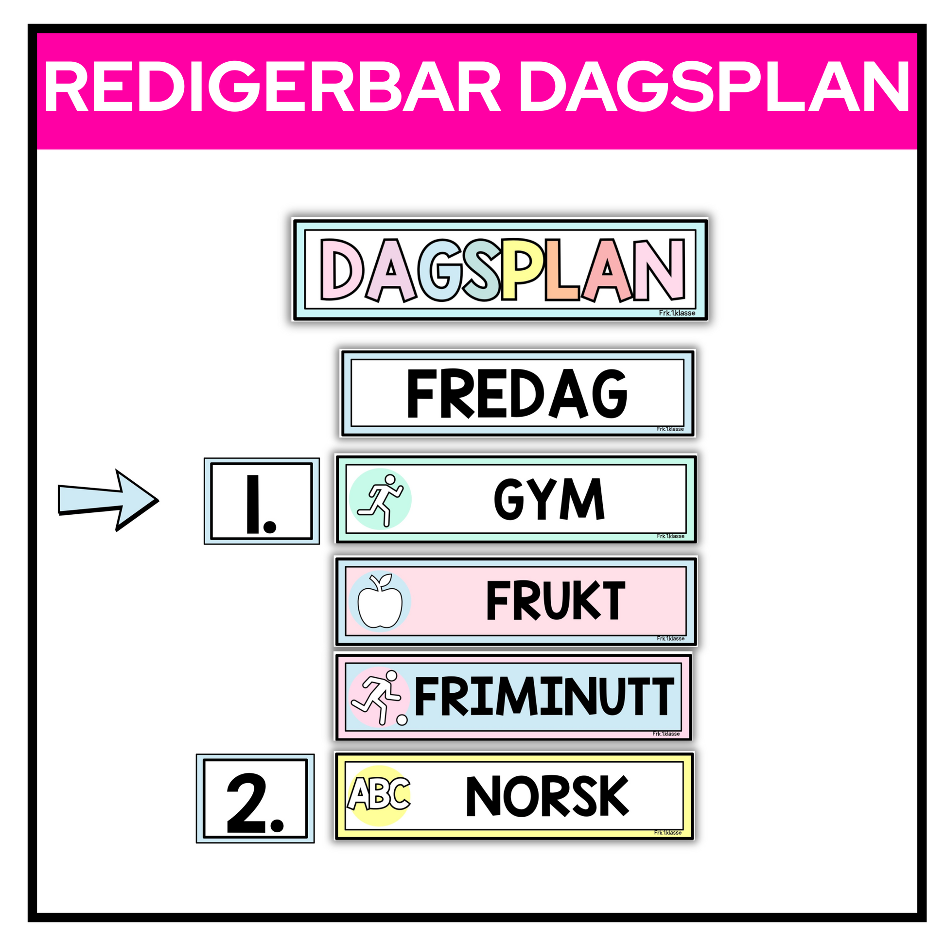 Dagsplan i pastell til å henge opp i klasserommet.