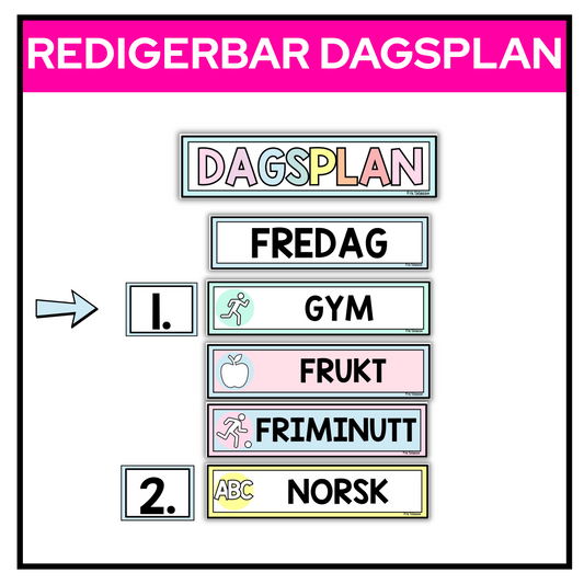 Dagsplan i pastell til å henge opp i klasserommet.