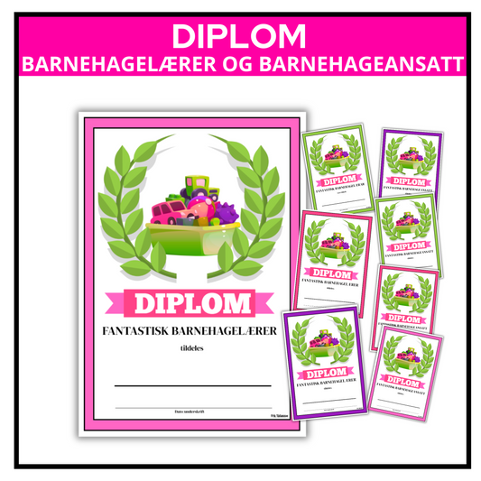 Diplom med teksten «Fantastisk barnehagelærer» og plass til navn og hilsen.