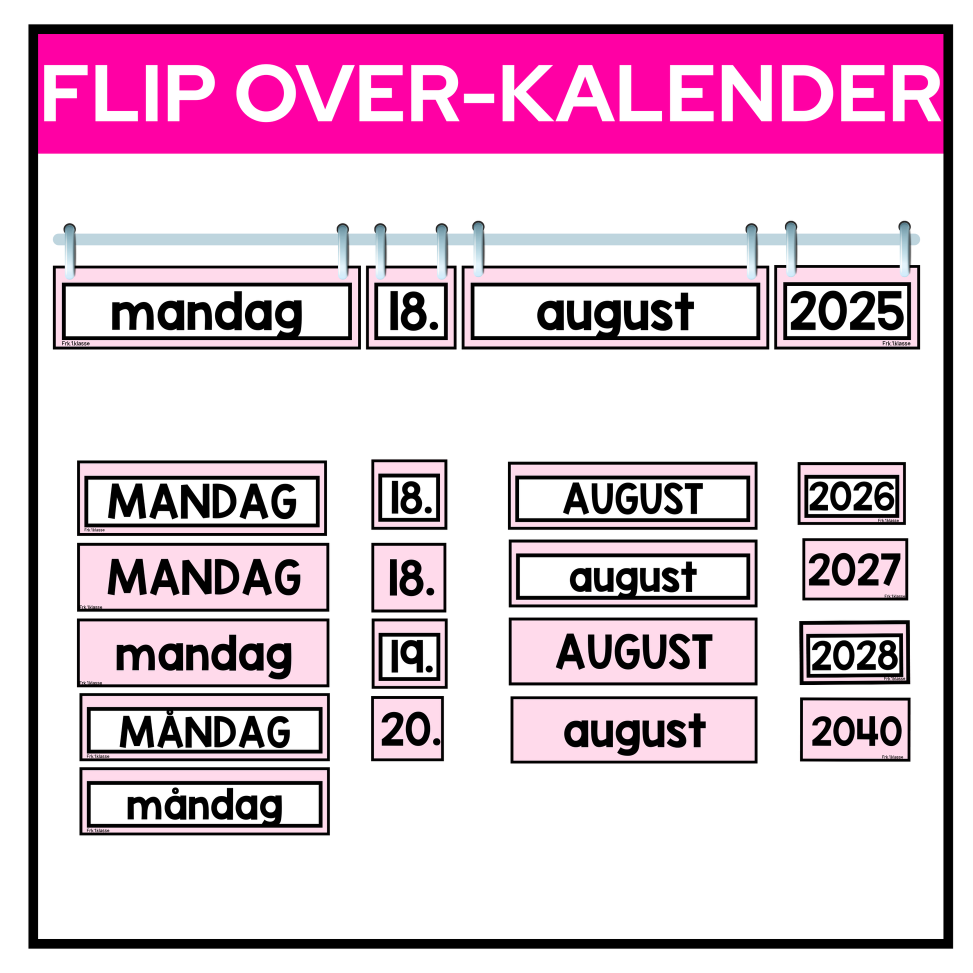 Flip over-kalender rosa pastell. Dager, dato, måned og år.