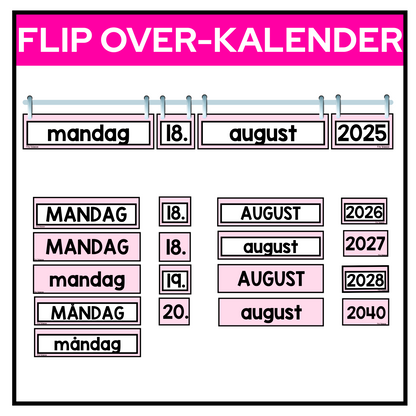 Flip over-kalender rosa pastell. Dager, dato, måned og år.