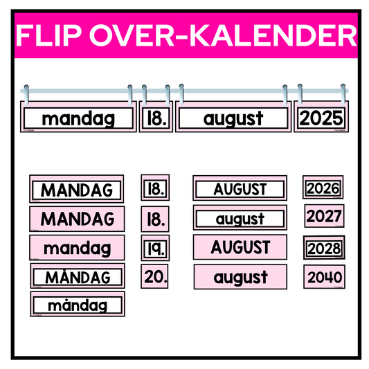 Flip over-kalender rosa pastell. Dager, dato, måned og år.