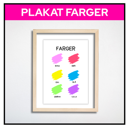 Plakat med seks farger i malingsstrøk og fargenavn innrammet