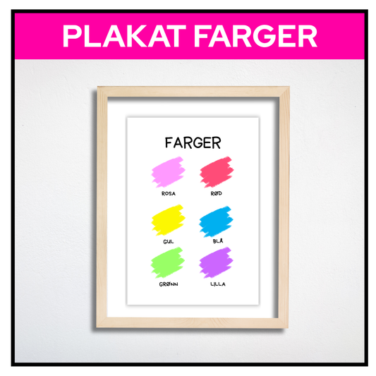 Plakat med seks farger i malingsstrøk og fargenavn innrammet