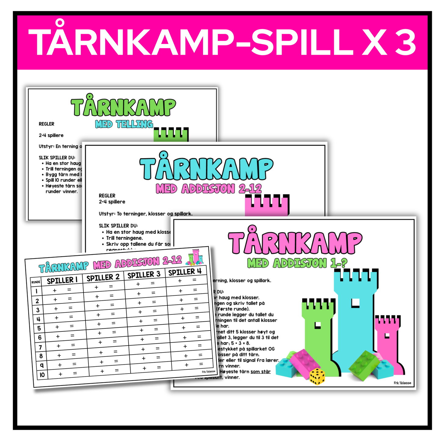 Tårnkamp | Spill med telling og addisjon | Tre varianter