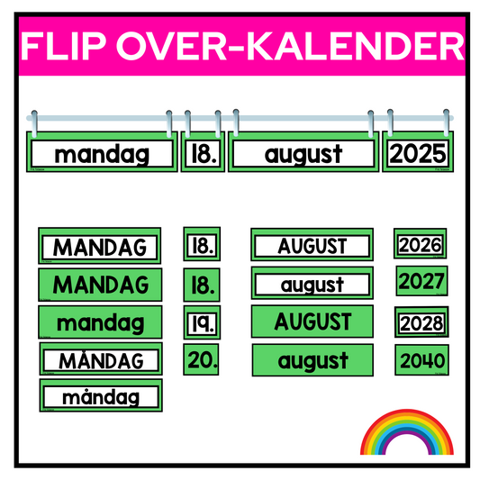 Flip over-kalender i grønt. Dag, dato, måned og år.